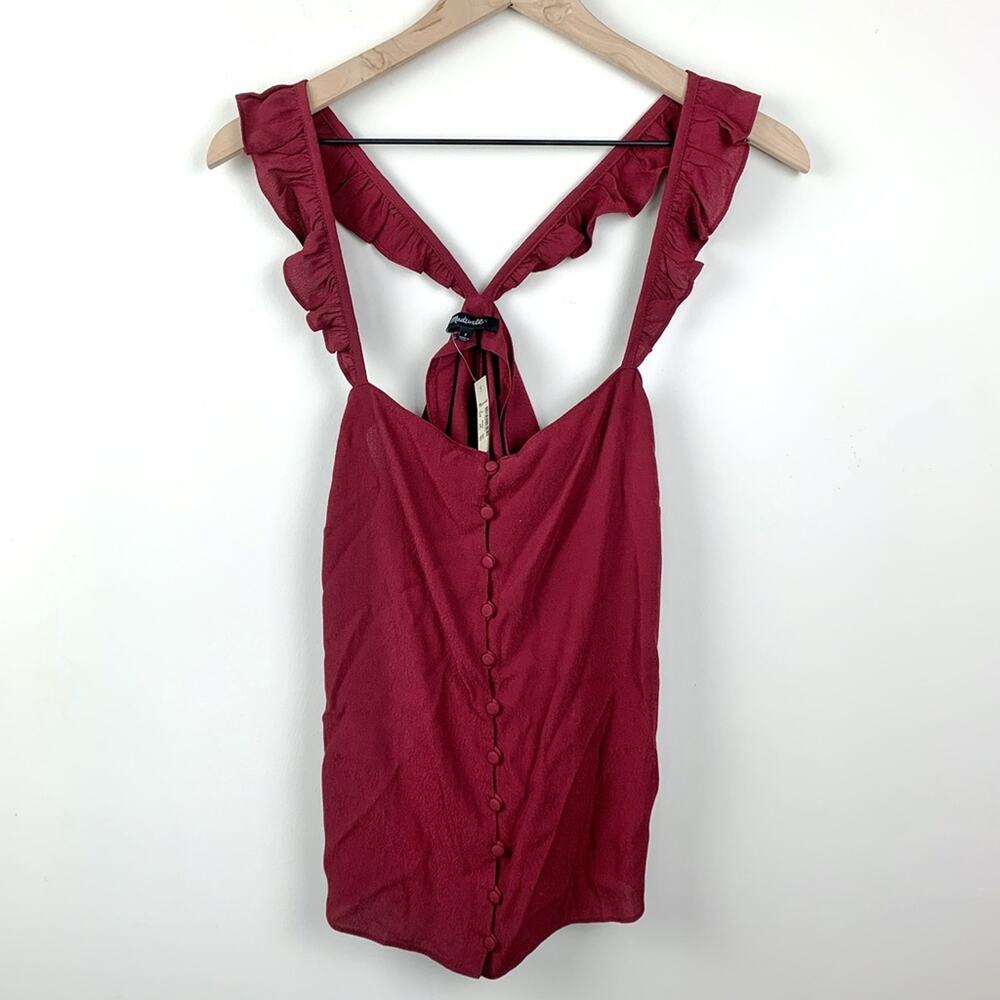 Madewell Maroon Ruffle Strap Button Front Top - Picture 2 of 6